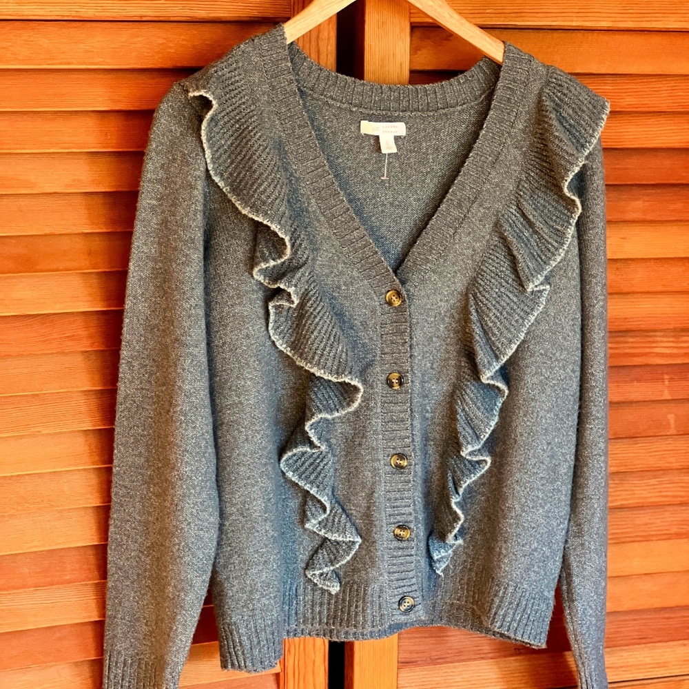 New Lauren Conrad Ruffled Cardigan Sweater, Heather Grey, Size Large